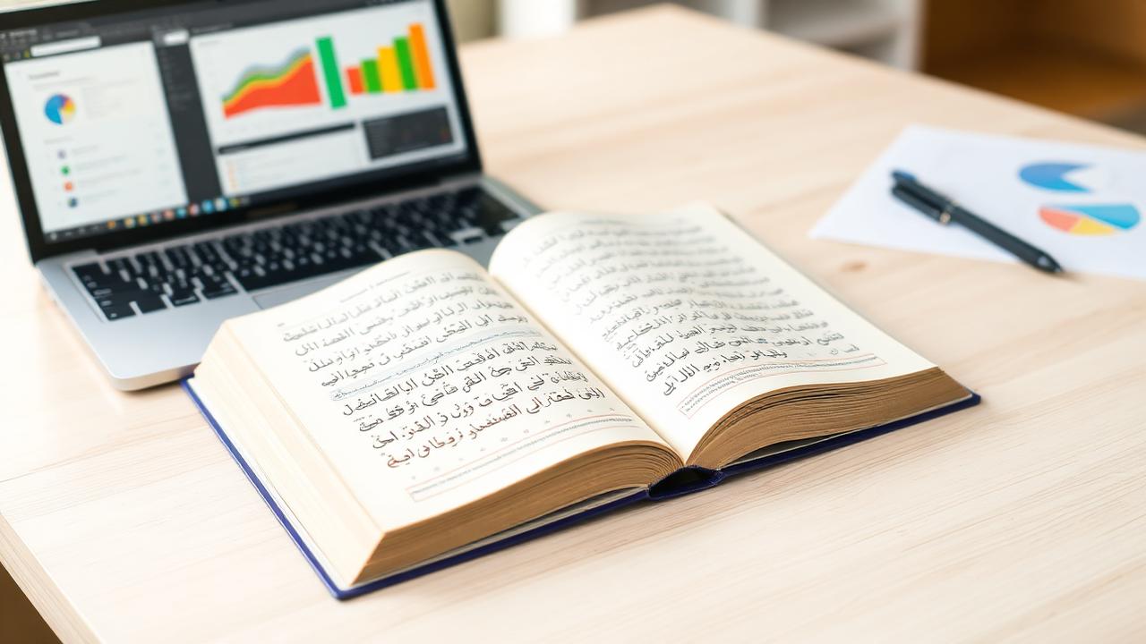 كتاب مفتوح بجانب حاسب محمول يعرض رسومًا بيانية على مكتب مضيء