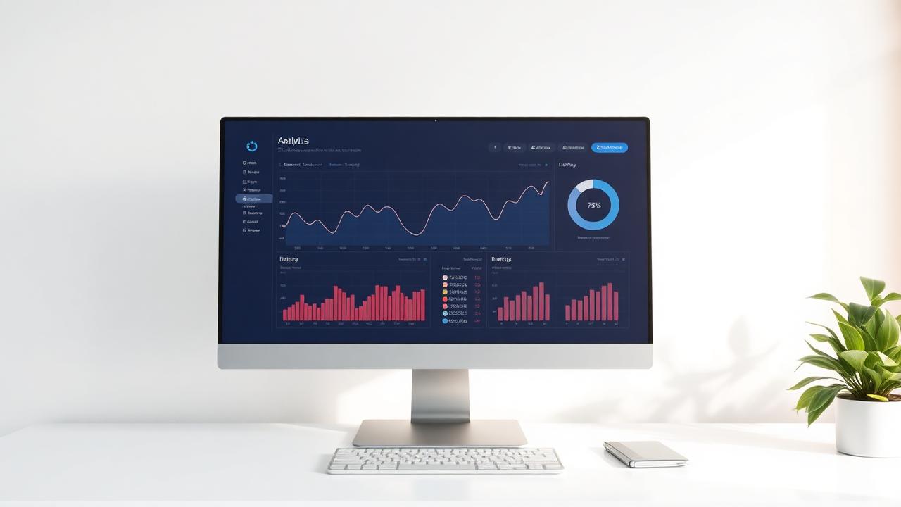 شاشة تعرض لوحة تحليلات بمنحنيات صاعدة على مكتب أبيض مضيء